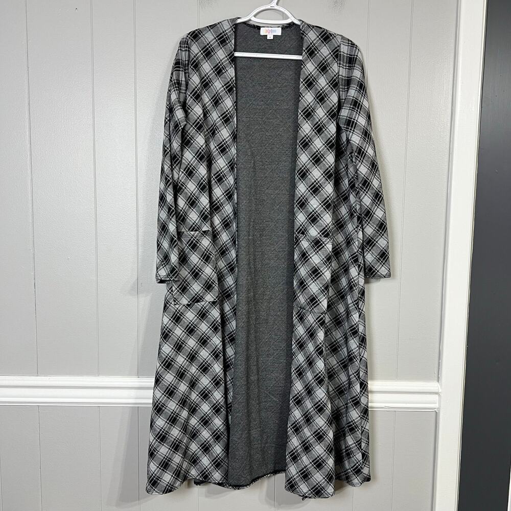 LuLaRoe Cardigan Long Black Gray Plaid Duster Womens M Pockets